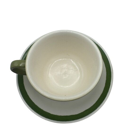 Set Of Two Ceramic Teacups With Matching Saucers Green And White Accent Design - Picture 2 of 6